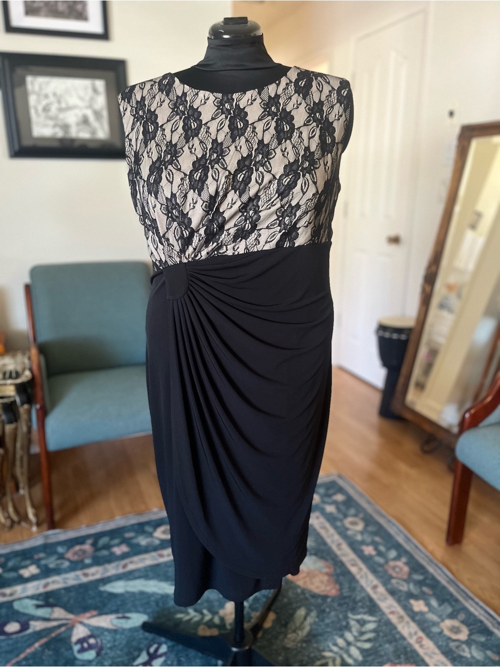 Enfocus Studio Black Lace Bust Midi Dress with Draped Skirt